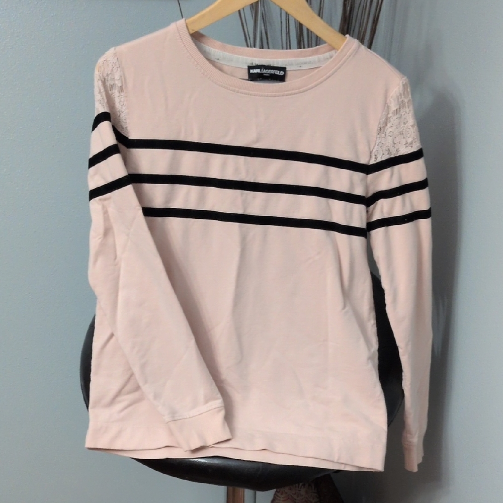 Karl Lagerfeld Blush Pink Top with Lace and Black Accents